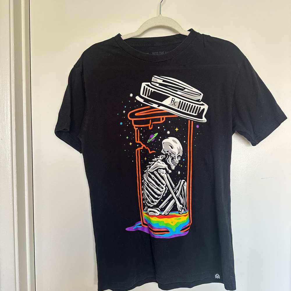 Black Short Sleeve Tee with Skeleton Prescription Bottle Graphic